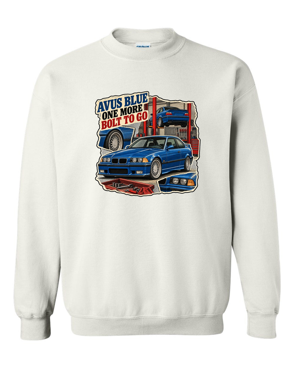 Vintage magazine ad collage print of an Avus Blue BMW E36 M3 with one more bolt to go text white crewneck front view with the design
