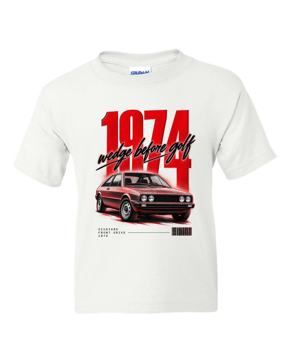 Street poster print of a VW Scirocco Mk1 front three-quarter with wedge before Golf 1974 text white kids tee front view with the design