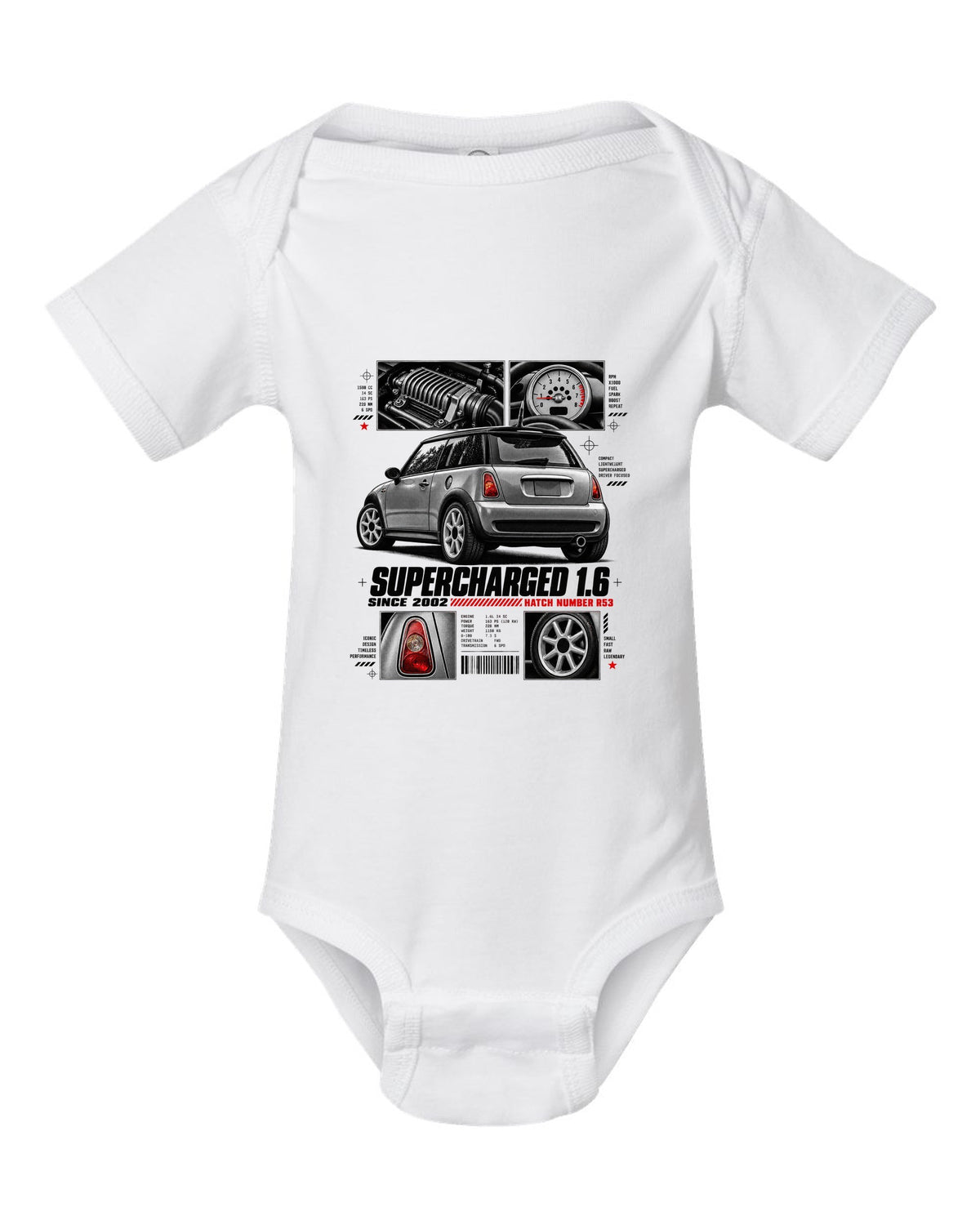 print of a Mini Cooper S R53 rear three-quarter view with detail panels and supercharged 1.6 text white baby onesie front view with the design