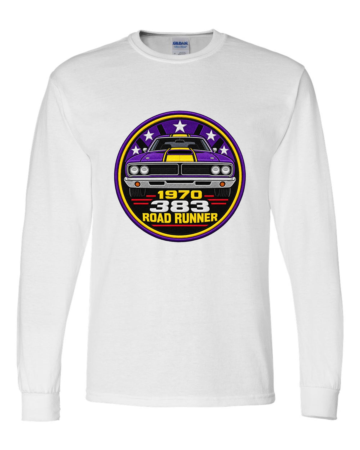 Original round crest print for a 1970 Plymouth Road Runner with 383 lettering white long sleeve front view with the design