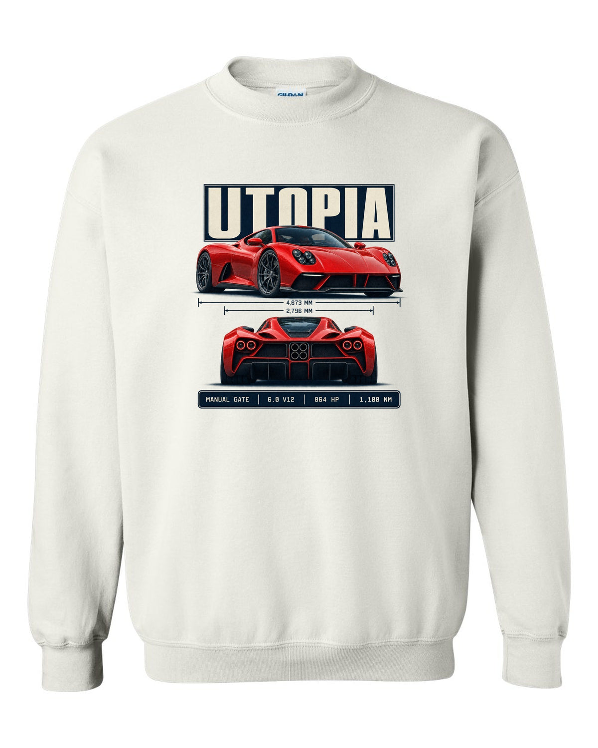 Spec poster print of the Pagani Utopia with the text manual gate, 6.0 V12, 864 hp, 1,100 Nm white crewneck front view with the design