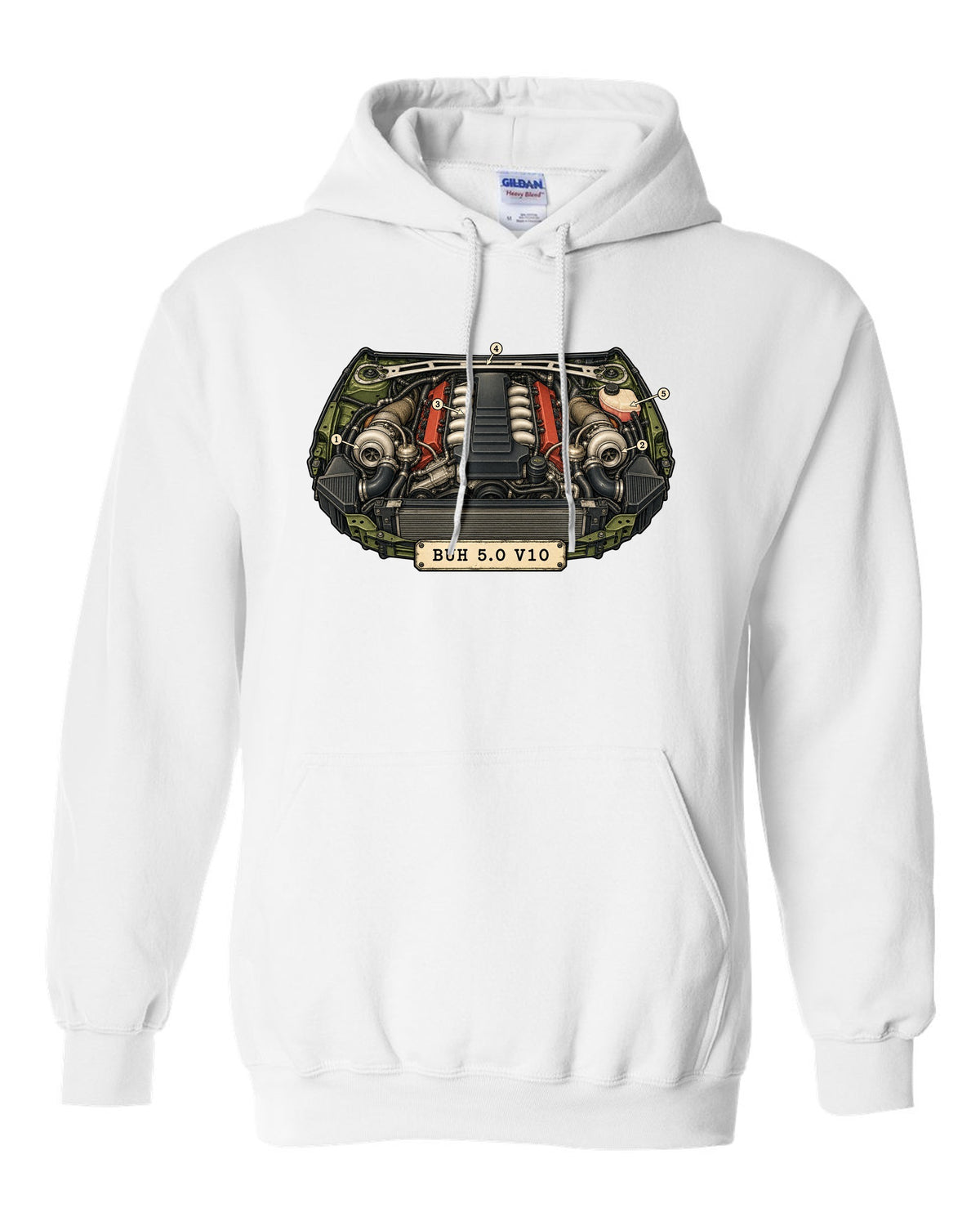 Vintage patent drawing design of the Audi RS6 Avant C6 4F with 5.0 V10 lettering white pull over hoodie front view with the design