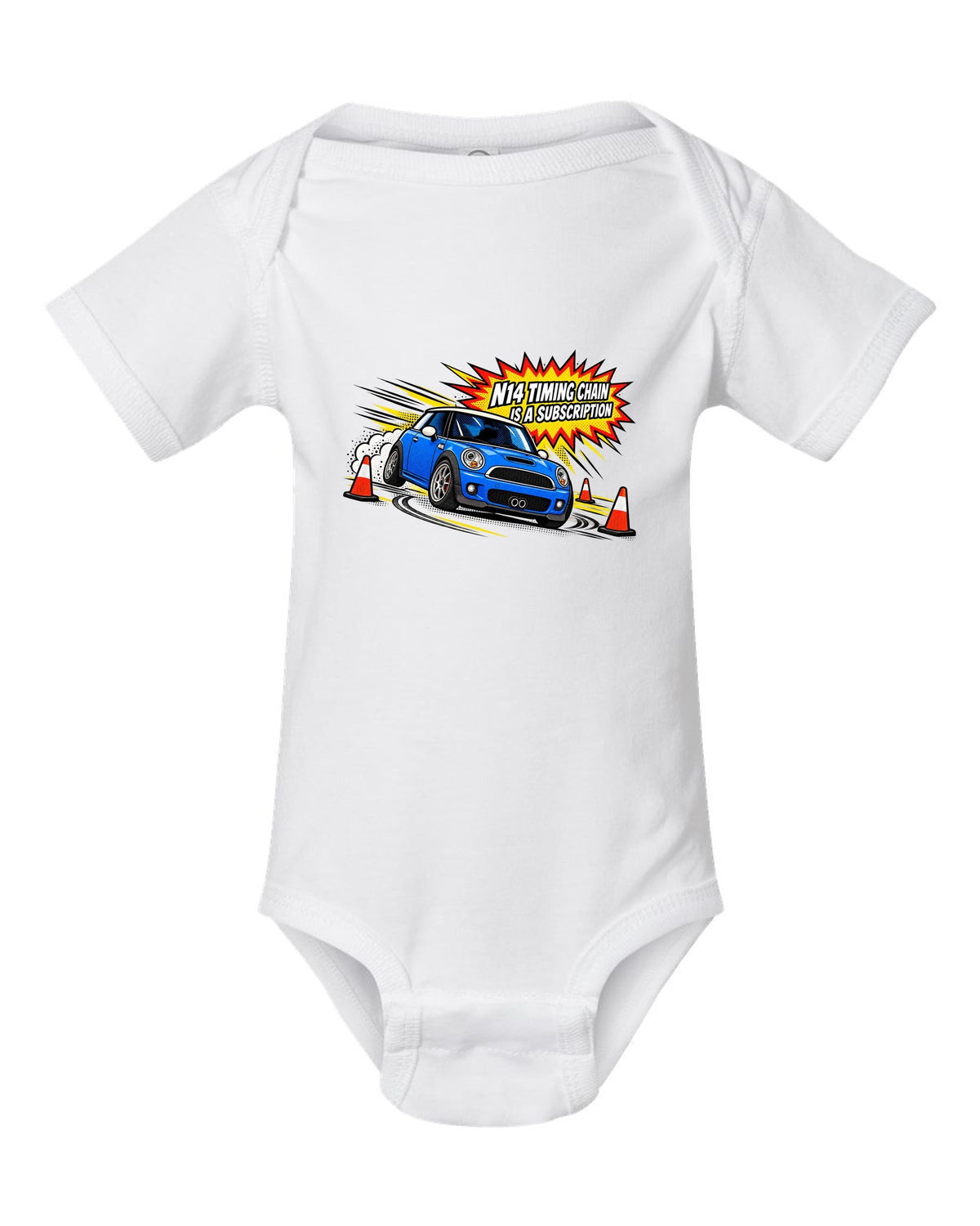 Comic halftone pop-art Mini Cooper S R56 with N14 timing chain joke white baby onesie front view with the design