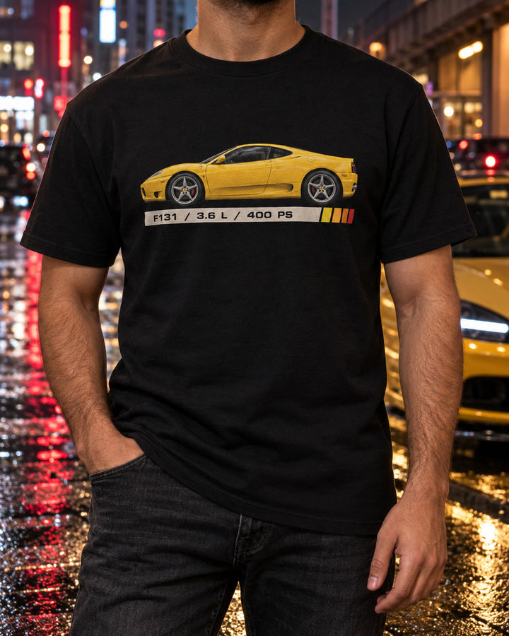 Ferrari 360 Modena F131 Data Plate Shirt, Spec Sheet print T-Shirt Black worn hero