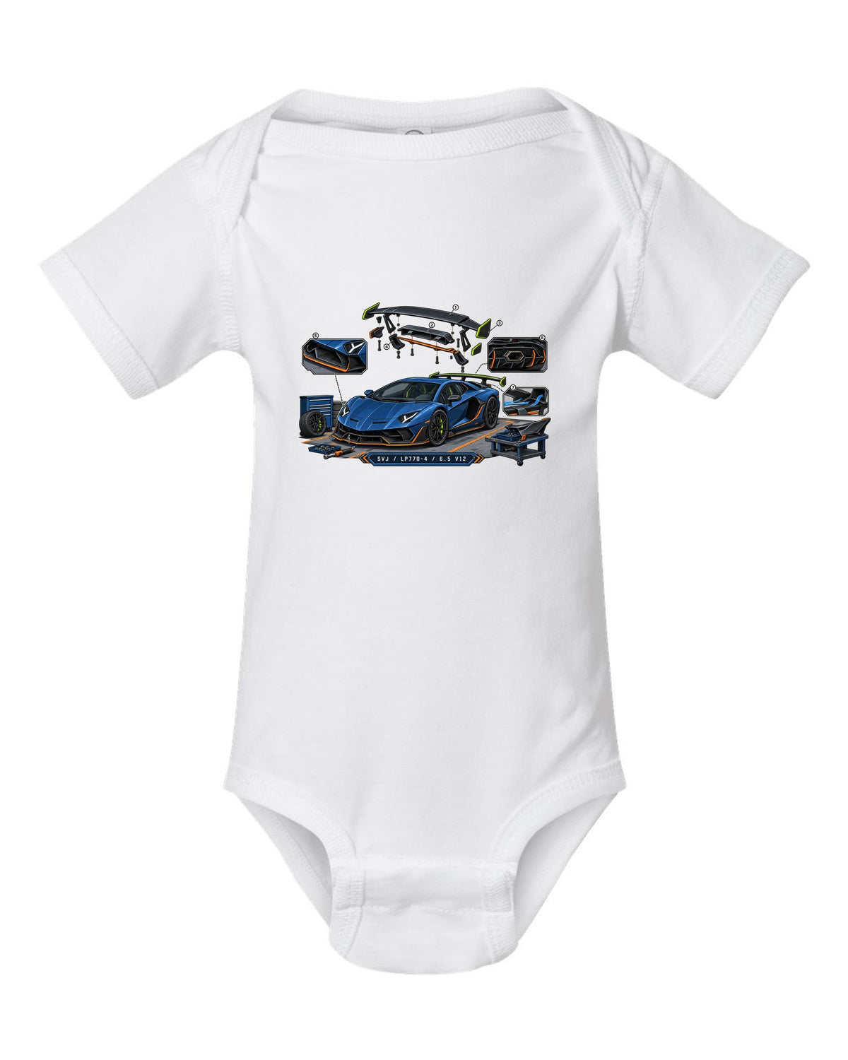 Isometric exploded-view engineering drawing of a Lamborghini Aventador SVJ LP770-4 with V12 text white baby onesie front view with the design