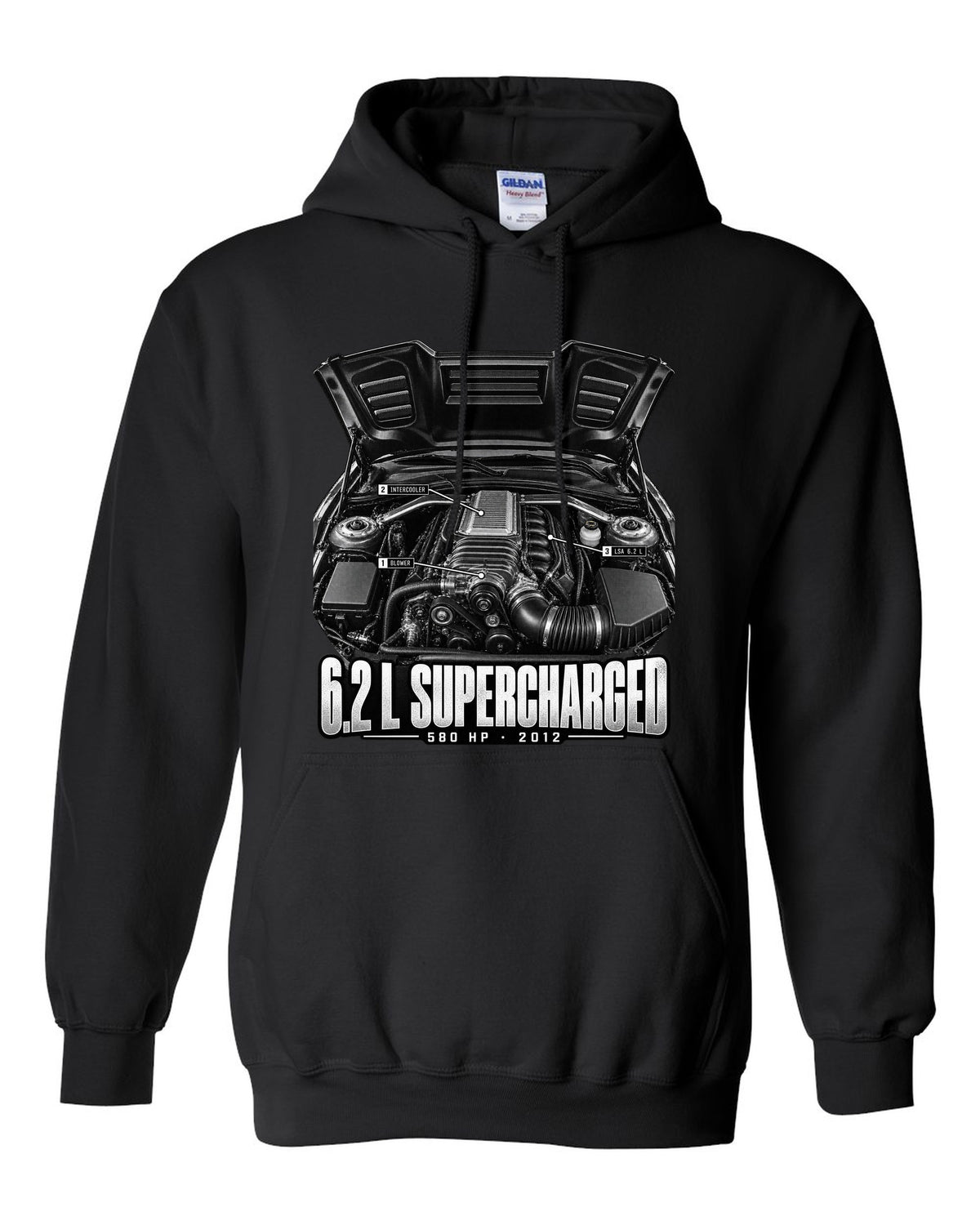 Engine hero print of a supercharged 6.2 L LSA in a 2013 Chevrolet Camaro ZL1 with numbered callouts black pull over hoodie front view with the design