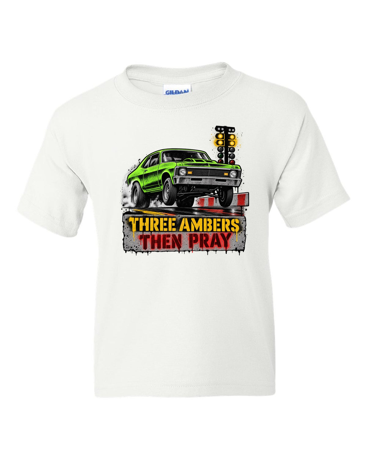 Stencil spray street art of a 1971 Chevrolet Nova at the drag strip starting line white kids tee front view with the design
