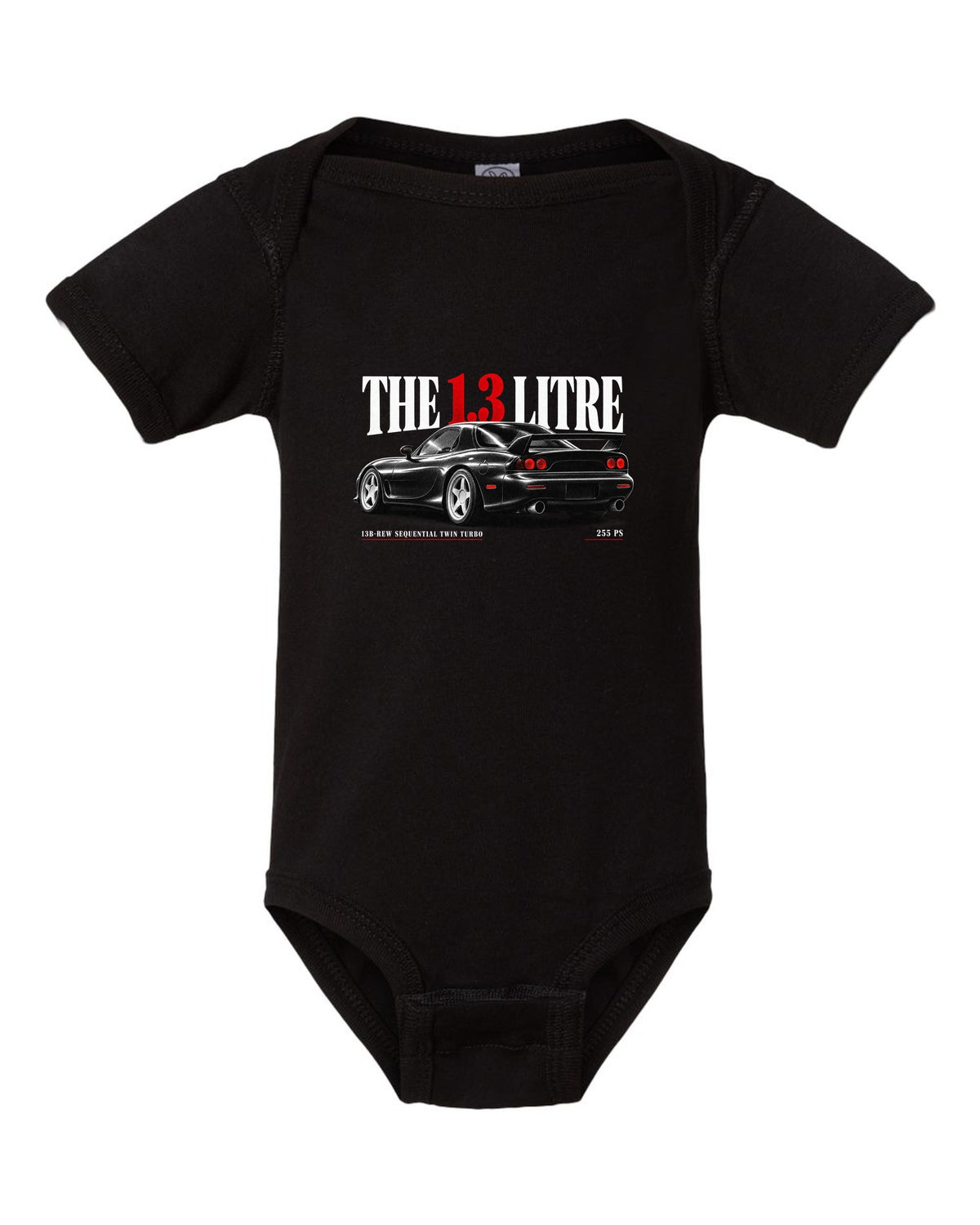 Editorial headline print for the 1992 Mazda RX-7 FD3S with 13B-REW sequential twin turbo and 255 PS black baby onesie front view with the design