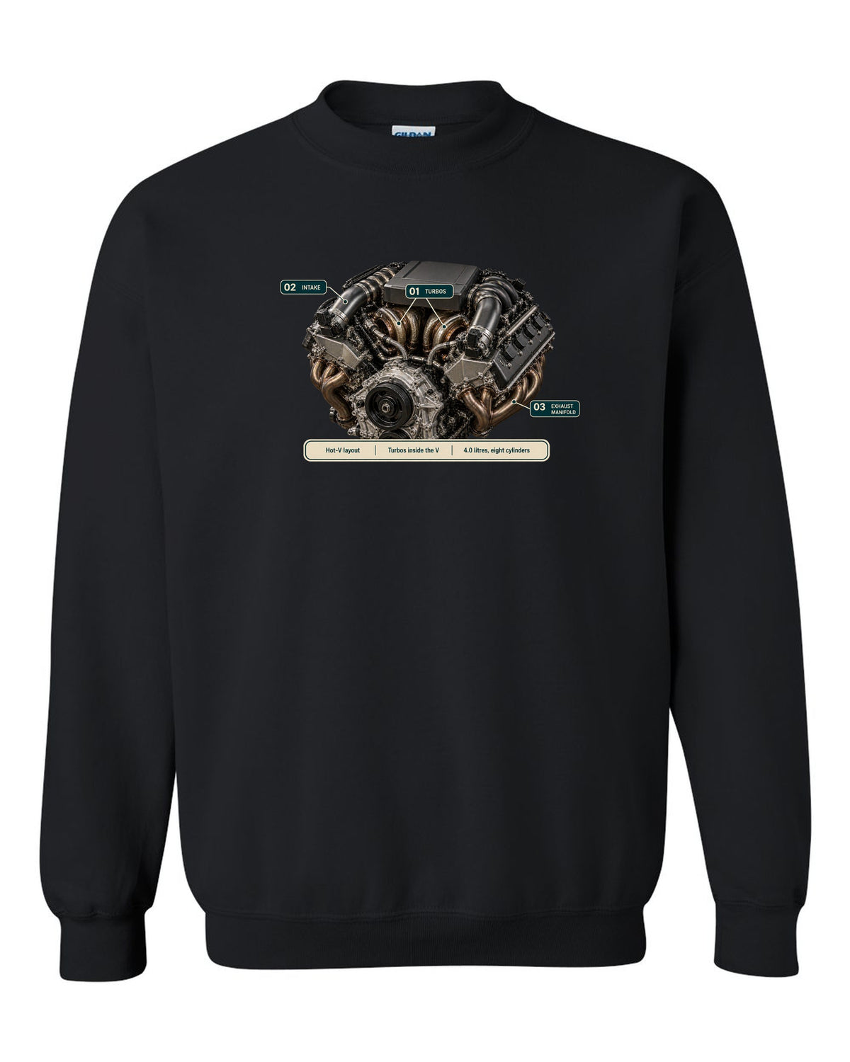 Engine hero print of the Mercedes-AMG M177 4.0 V8 from the G63 black crewneck front view with the design
