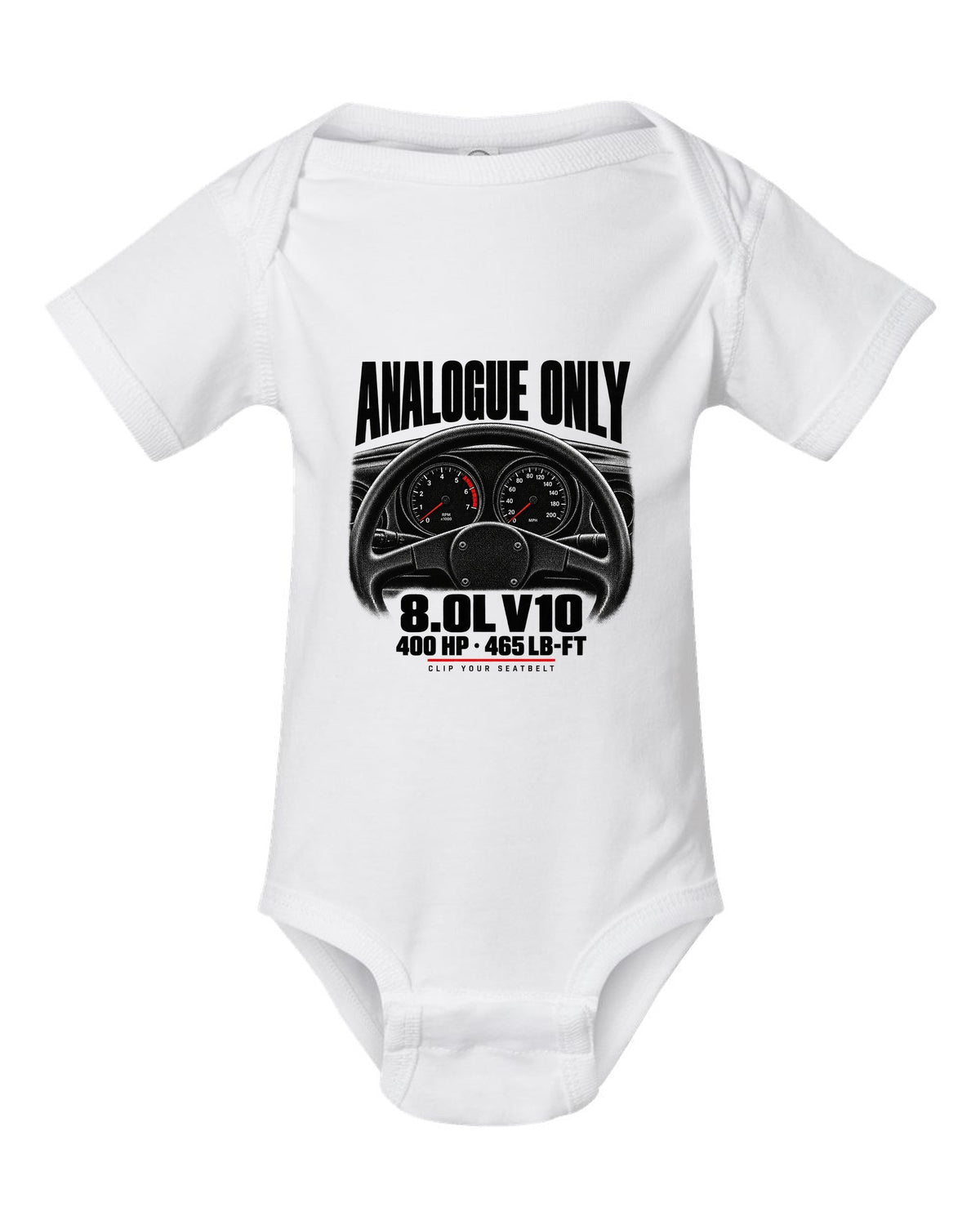 Cockpit gauge print of a 1994 Dodge Viper RT/10 SR I with analogue only and 8.0L V10 text white baby onesie front view with the design