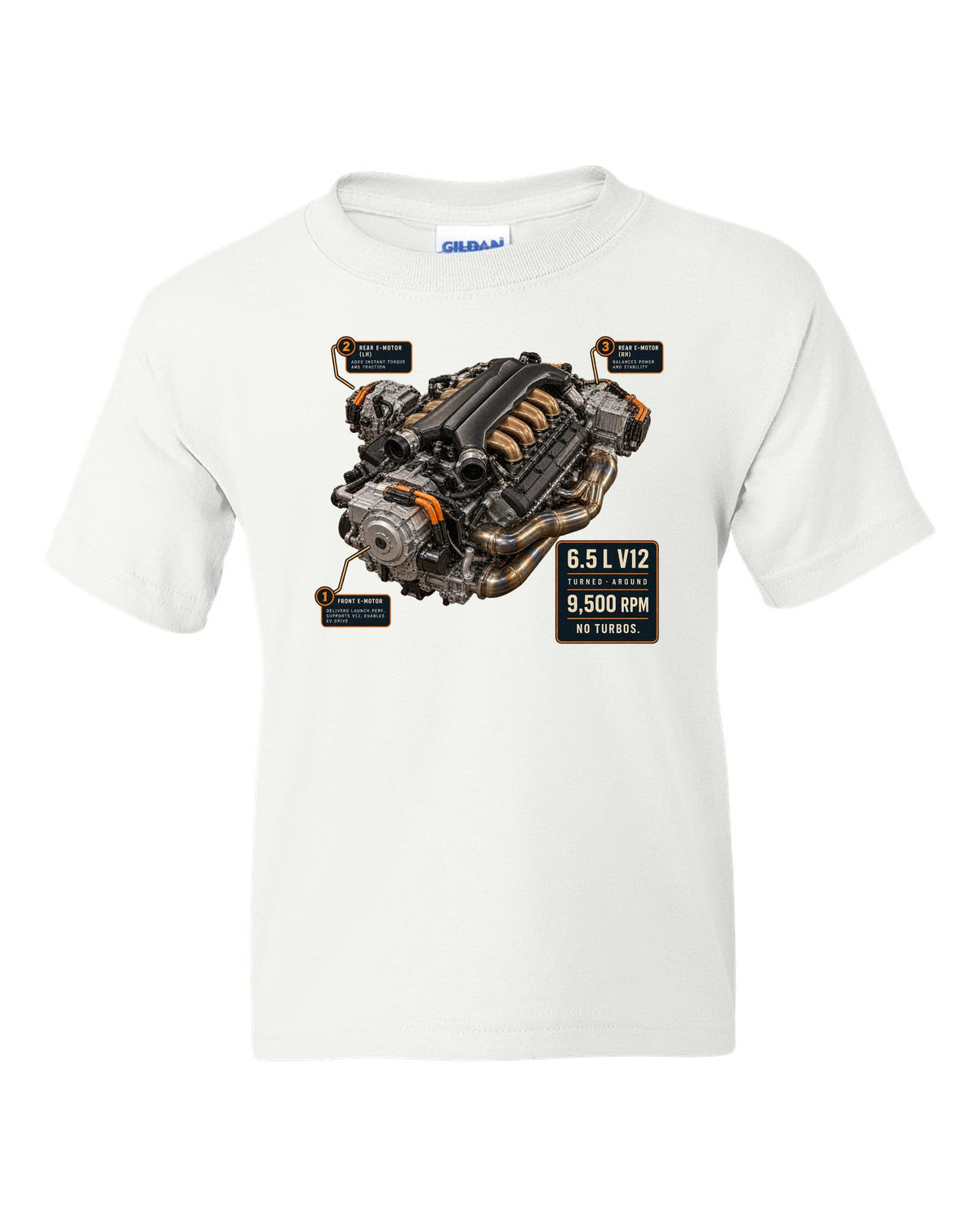 Engine hero print of the Lamborghini Revuelto L545 V12 white kids tee front view with the design