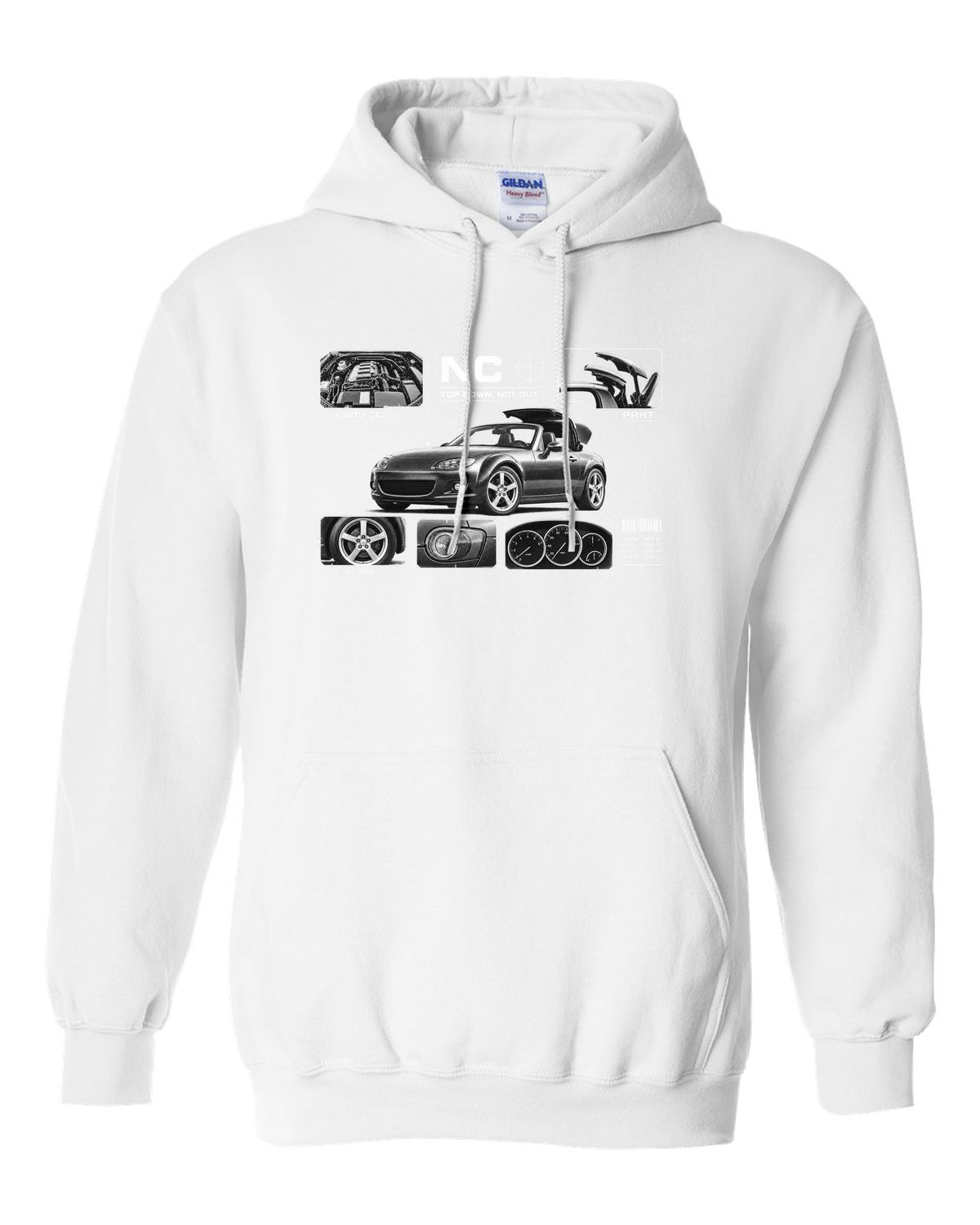 Dossier panel print of a Mazda MX-5 NC PRHT with roof and 1,999 cc lettering white pull over hoodie front view with the design