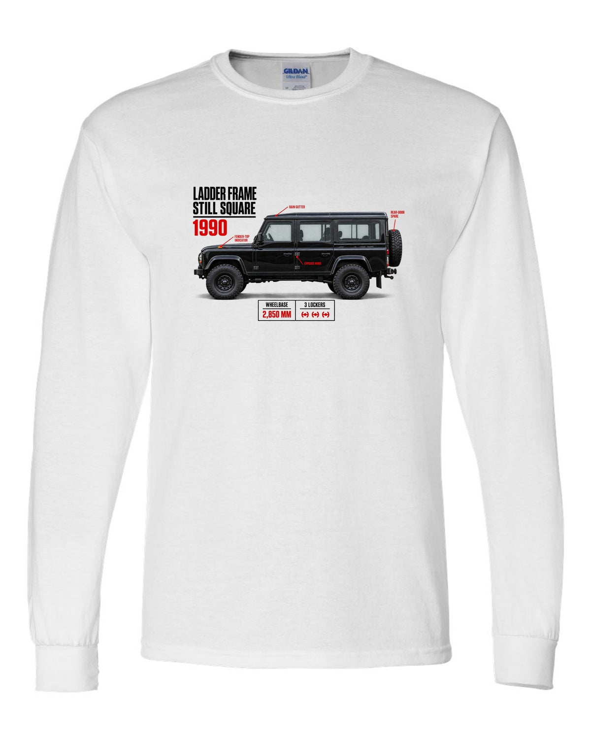 print spec poster of a Mercedes G-Class W463 with text ladder frame, 1990, still square white long sleeve front view with the design