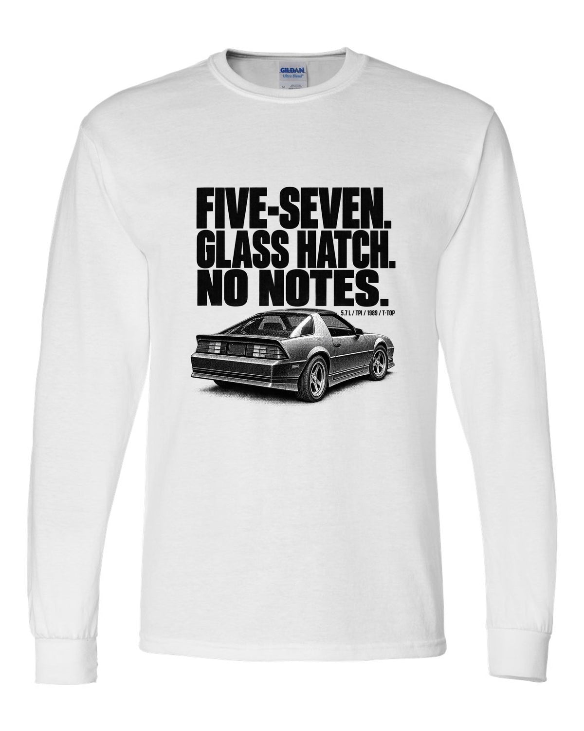 Halftone print of a 1989 Chevrolet Camaro IROC-Z glass ch with five-seven text white long sleeve front view with the design