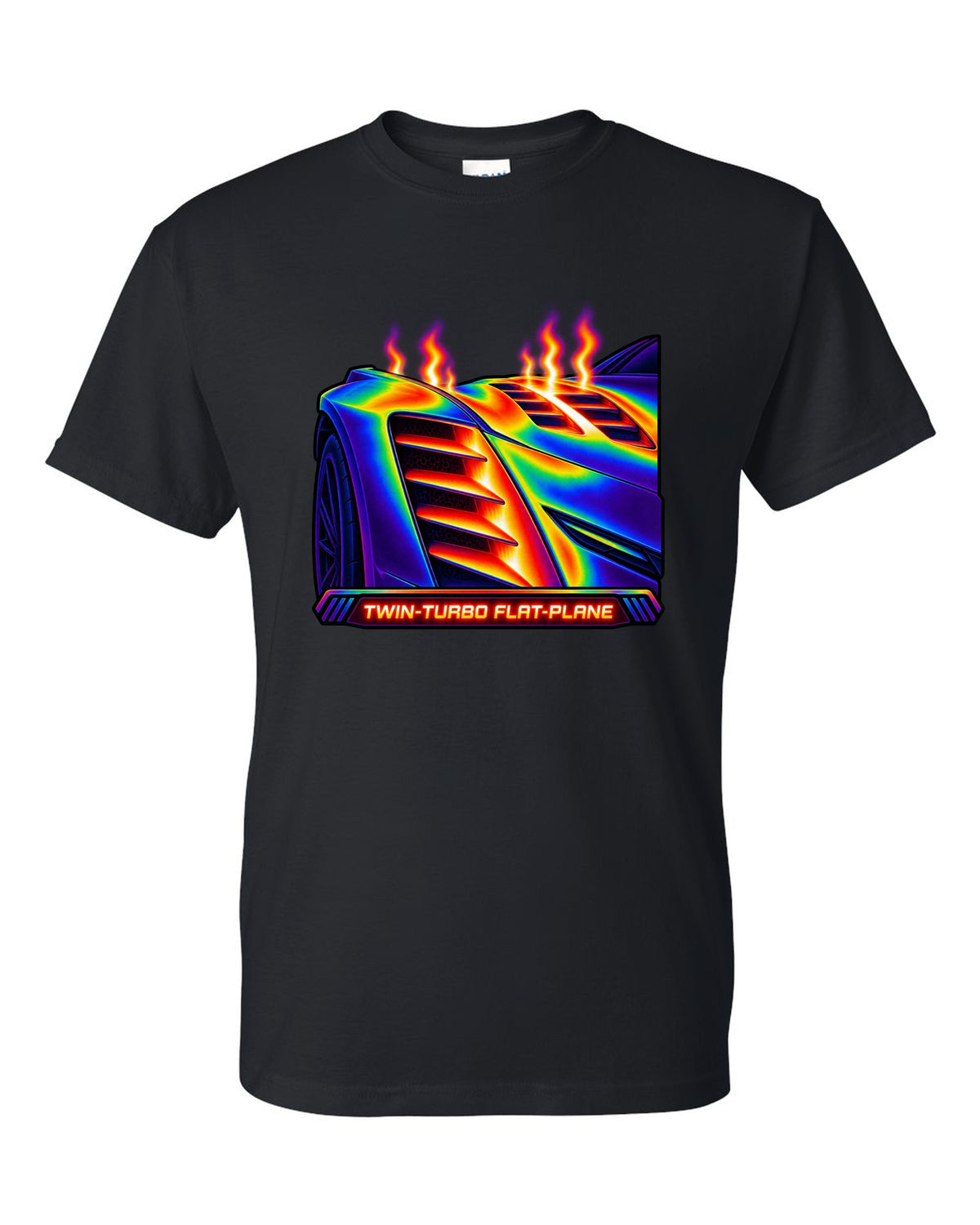 Infrared thermal gradient print of a fender vent on a 2025 Chevrolet Corvette C8 ZR1 with Twin-Turbo Flat-Plane text black t-shirt front view with the design