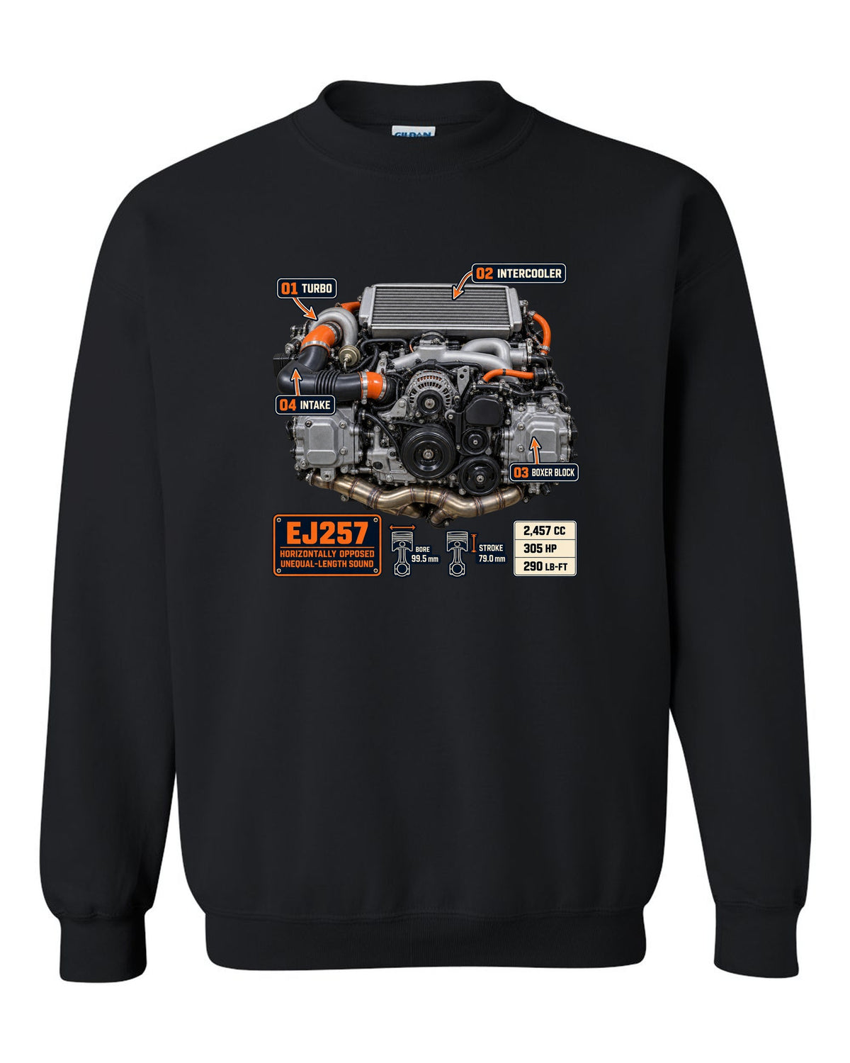 Poster-style print of a Subaru EJ257 boxer engine from the WRX STI VA with technical callouts black crewneck front view with the design