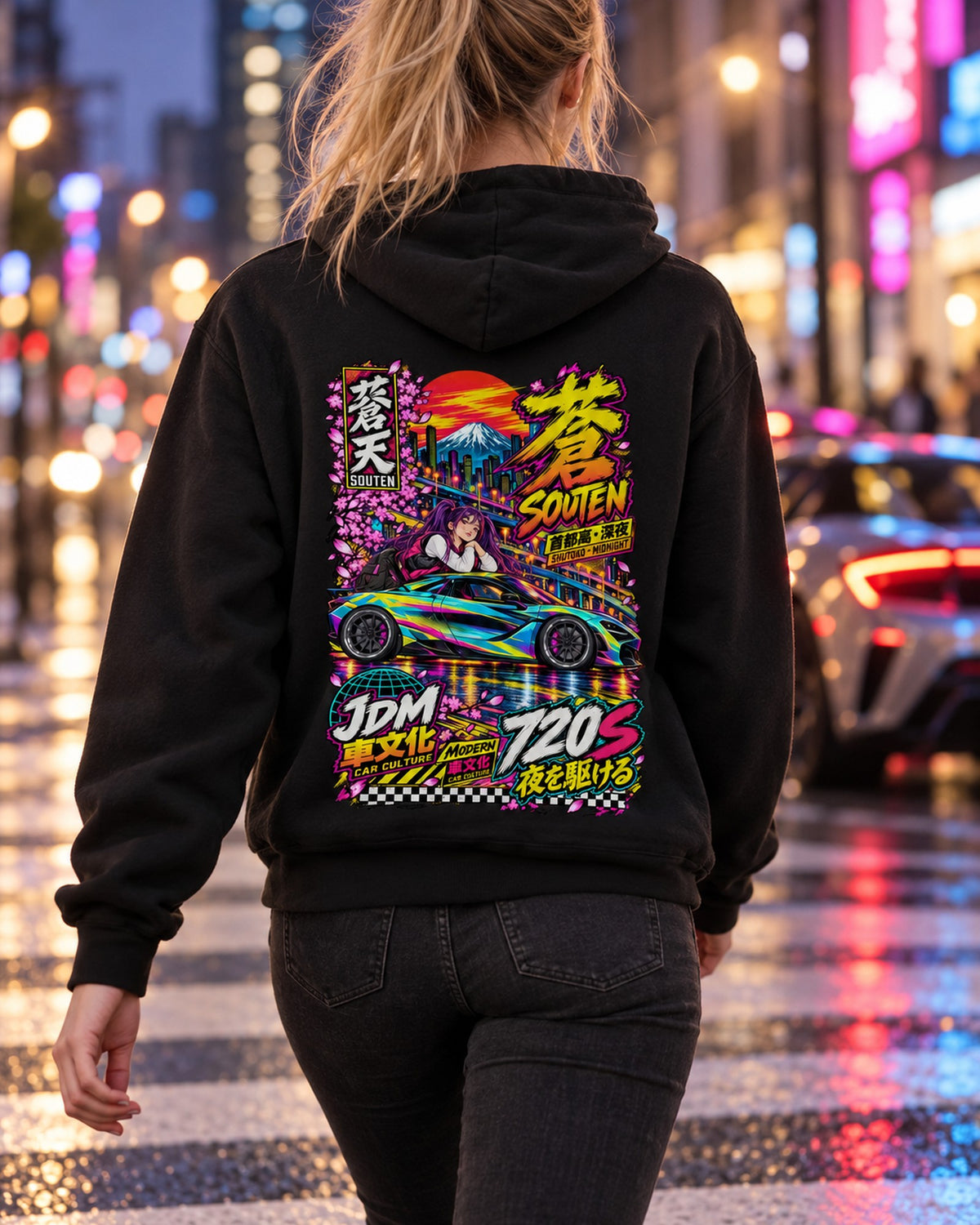 SOUTEN 720S Anime Girl Full-Back Graphic Tee Pull Over Hoodie Black worn hero