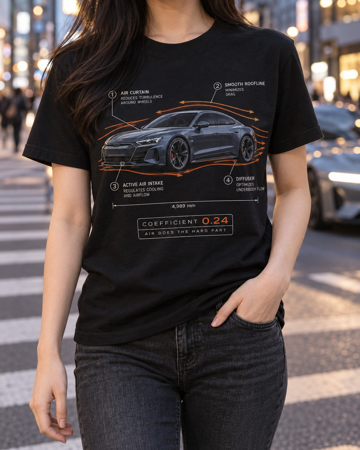 Audi RS e-tron GT Aero Callouts Shirt, 0.24 Coefficient Airflow Tee T-Shirt Black worn hero