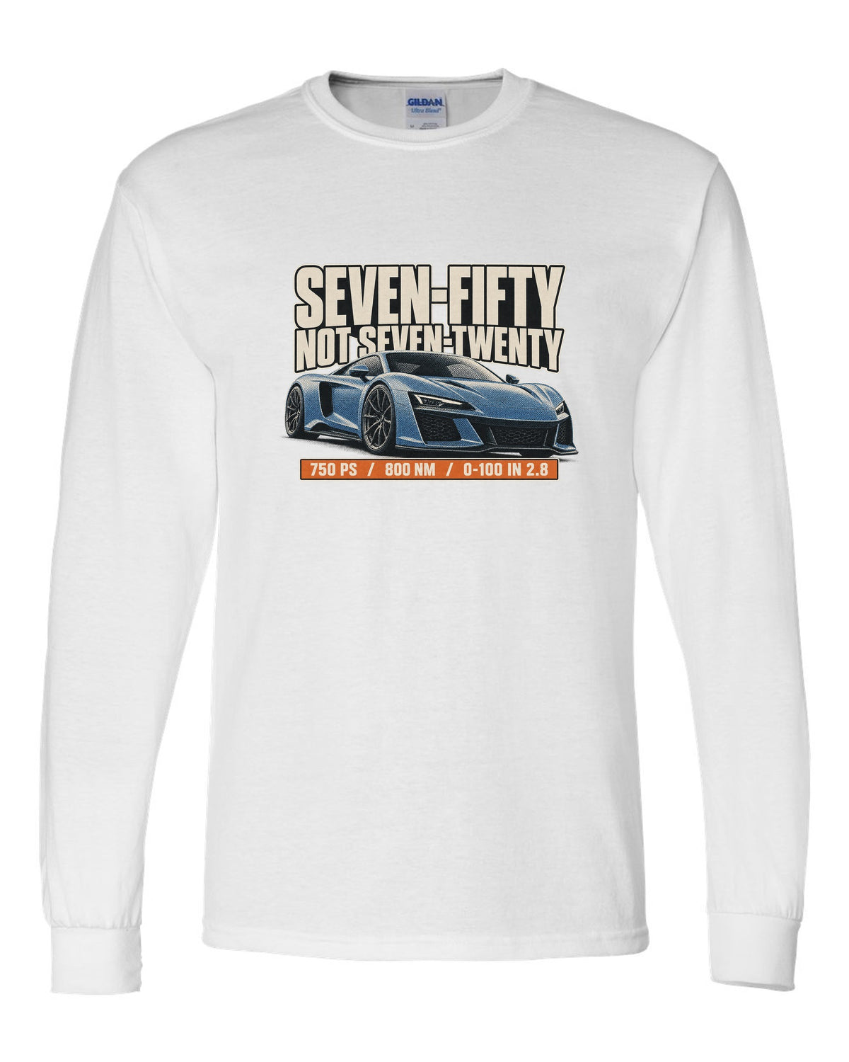 Halftone print of a McLaren 750S with the text seven-fifty not seven-twenty white long sleeve front view with the design