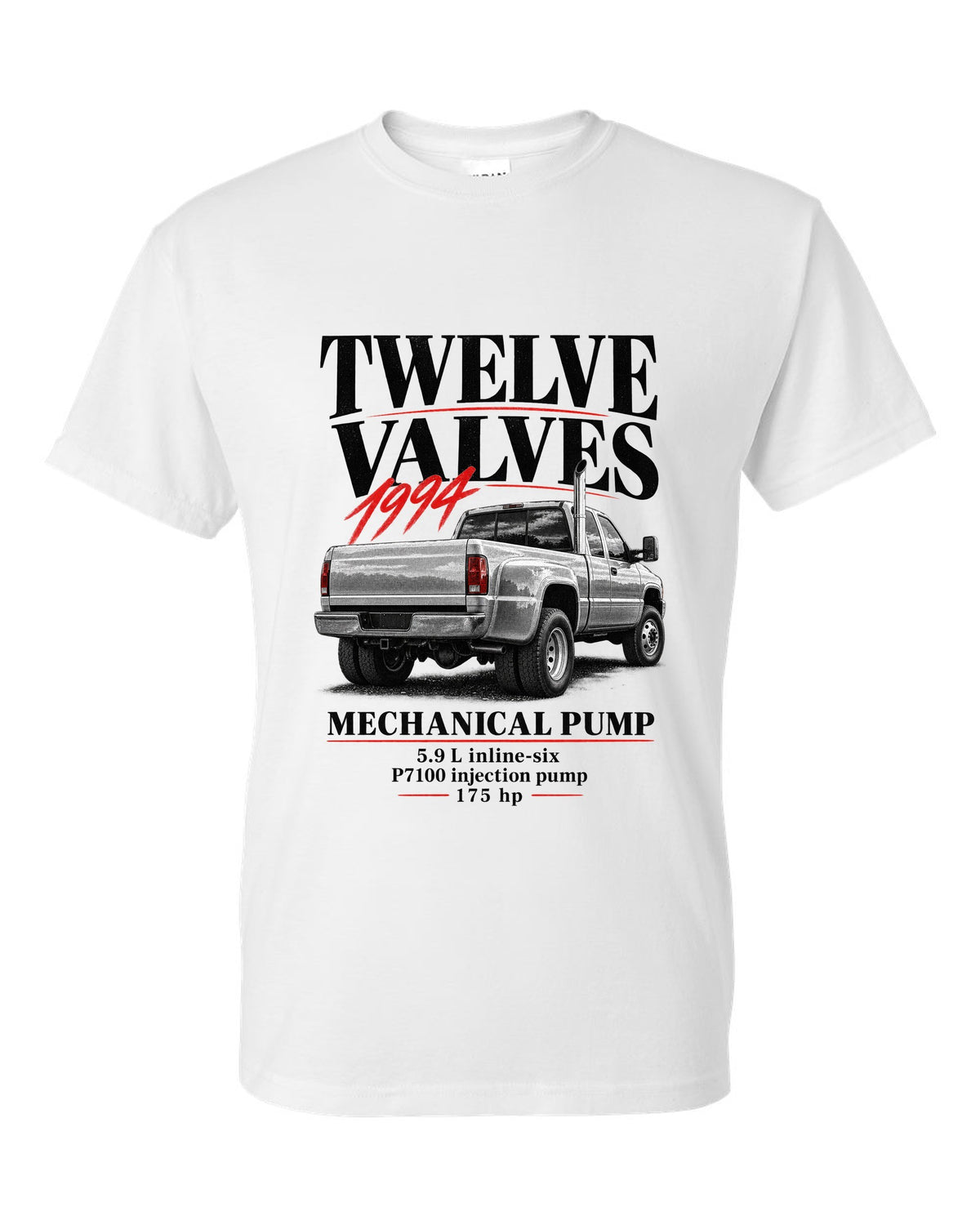 Editorial print of a 1994-98 Dodge Ram 2500 2nd gen 12-valve in a rear three-quarter view white t-shirt front view with the design