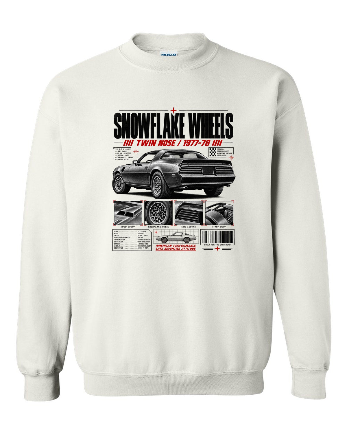 print dossier panels of a 1978 Pontiac Firebird Formula with snowflake wheels white crewneck front view with the design