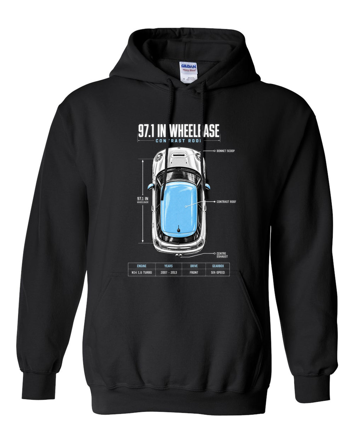 Top-down plan view of a Mini Cooper S R56 on a spec poster print with wheelbase text black pull over hoodie front view with the design