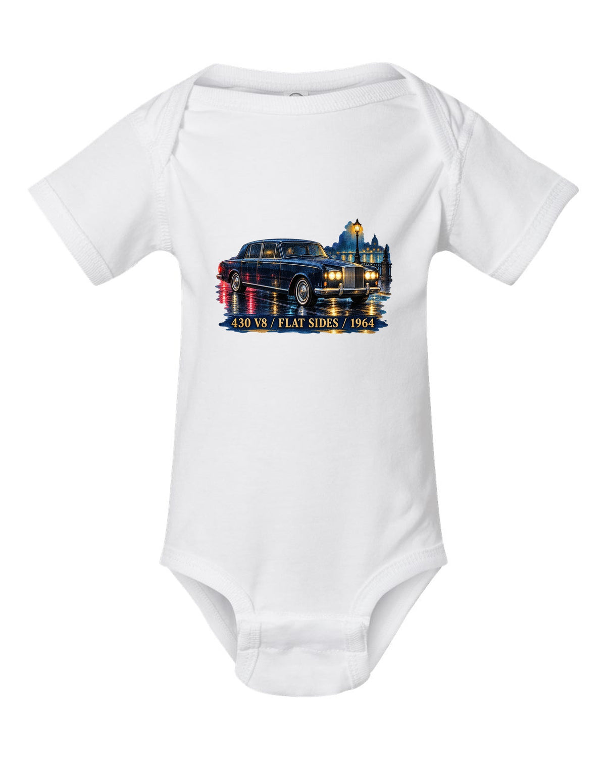 1964 Lincoln Continental on a wet night road in watercolour style white baby onesie front view with the design