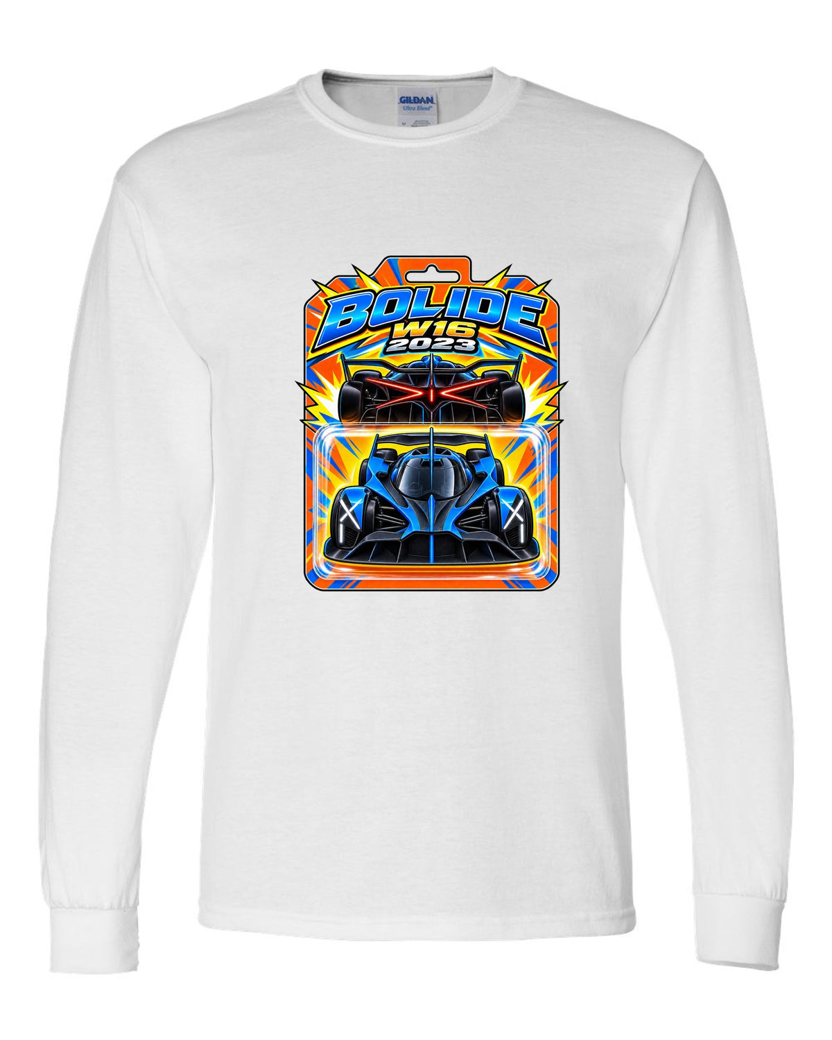 Hot Wheels-style toy blister card illustration of the Bugatti Bolide with BOLIDE W16 2023 lettering white long sleeve front view with the design