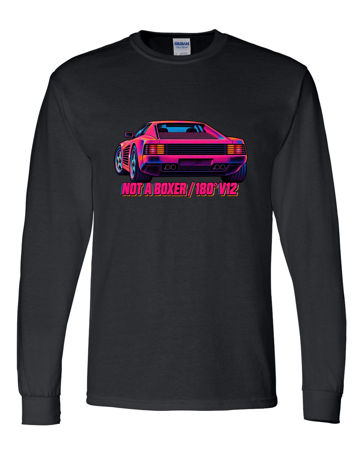 Neon-lit risograph print of the Ferrari Testarossa F110 with the text not a boxer, 180 degree V12 black long sleeve front view with the design