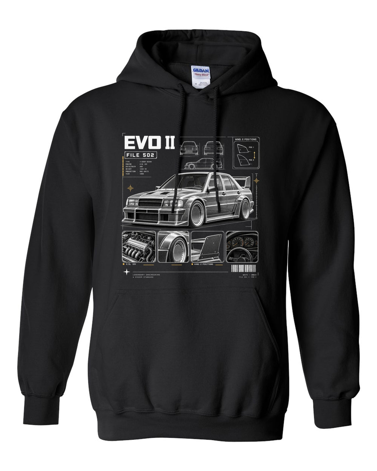 print dossier panels of a Mercedes 190E Evolution II W201 listing file 502, 2.5L 16V and wing positions black pull over hoodie front view with the design
