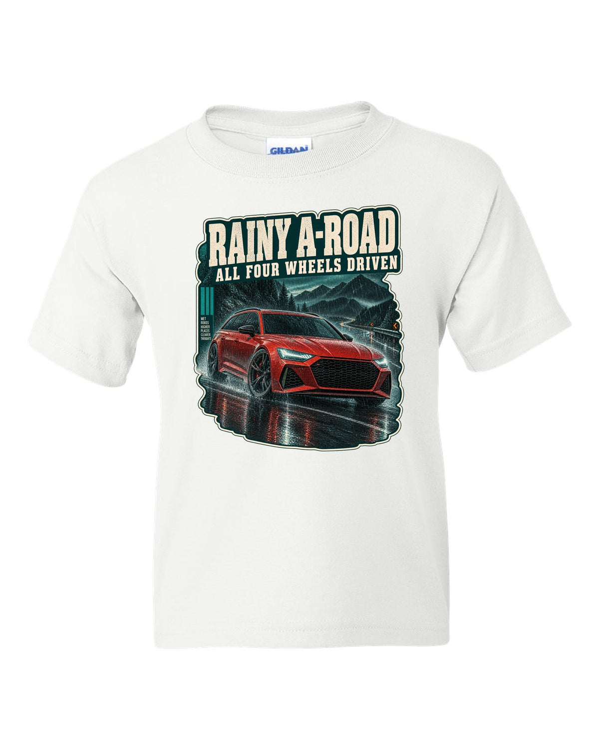 Rainy night road scene with an Audi RS6 Avant C8, all-wheel-drive caption white kids tee front view with the design
