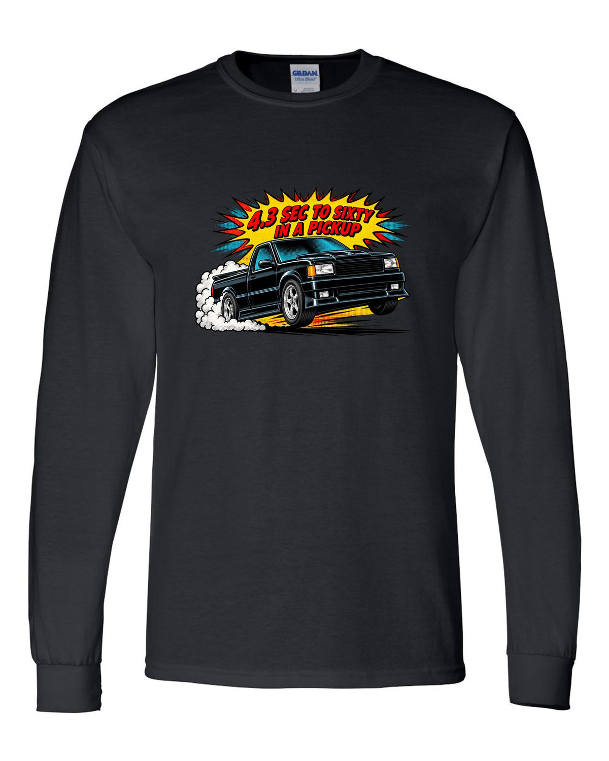 Comic halftone pop-art launch burst print of a 1991 GMC Syclone with 4.3 sec to sixty text black long sleeve front view with the design
