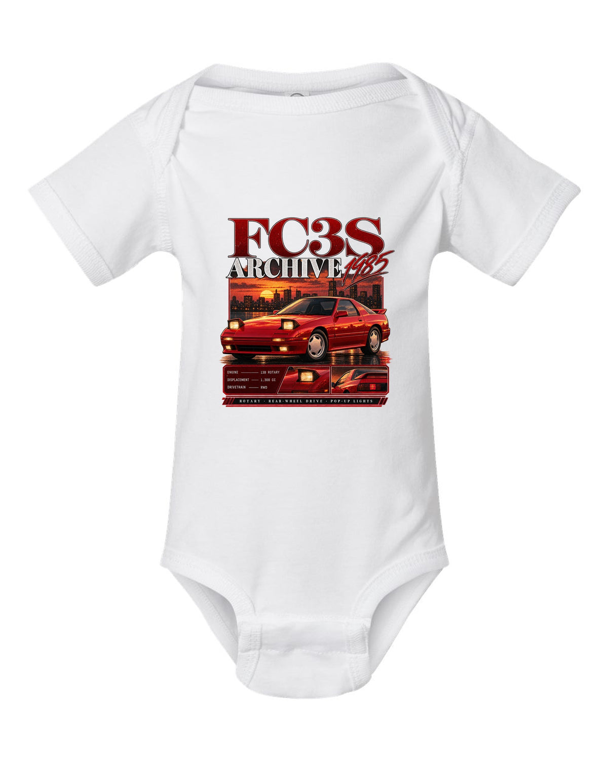 Archive panel print of a Mazda RX-7 FC3S with 13B rotary specs white baby onesie front view with the design