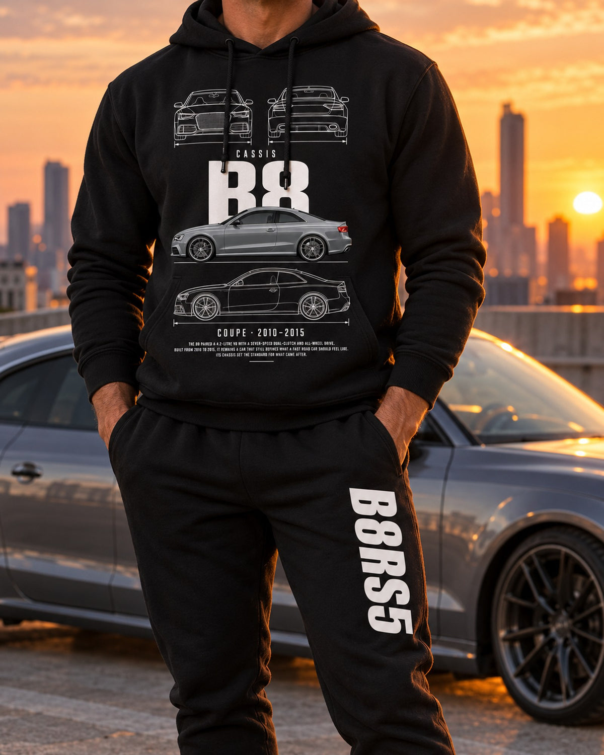 Audi B8RS5 Blueprint Hoodie + Jogger Set Black worn hero