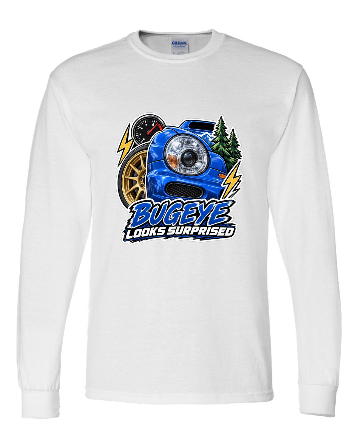 Sticker-bomb collage of a Subaru Impreza WRX GDB Bugeye white long sleeve front view with the design