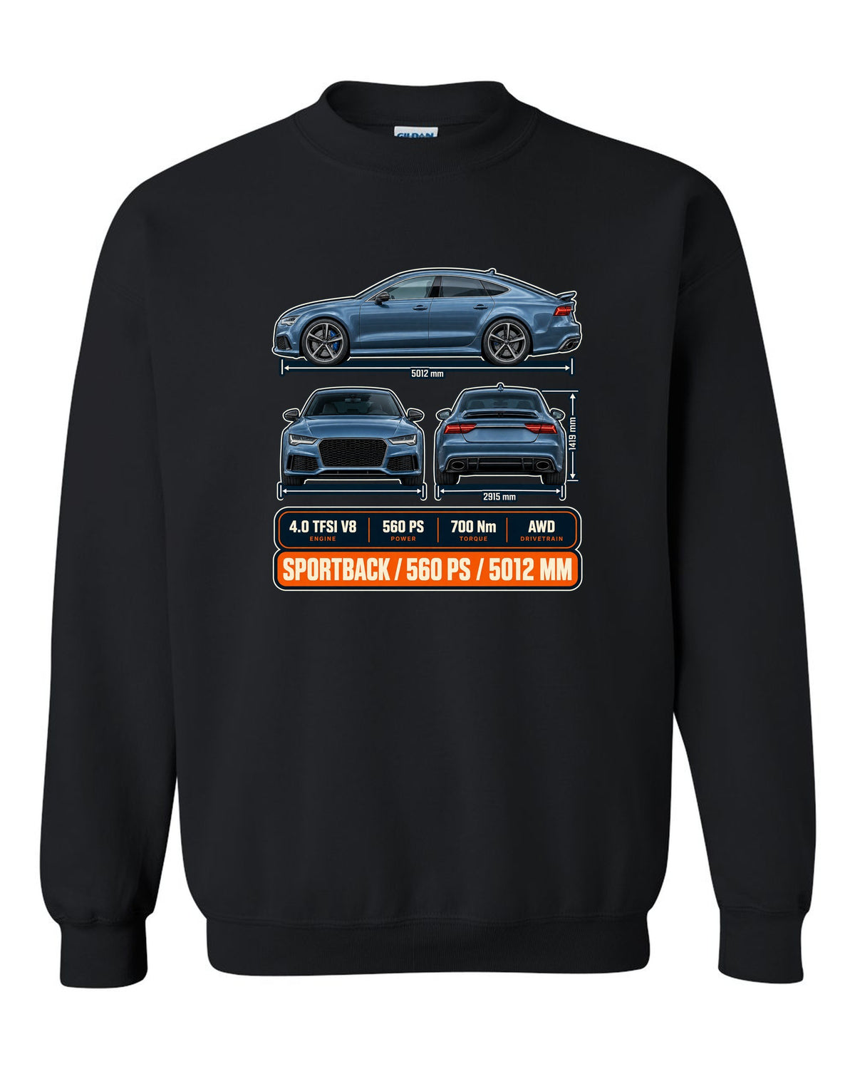 Audi RS7 Sportback C7 three-view drawing in graphite-blue print with 560 PS black crewneck front view with the design