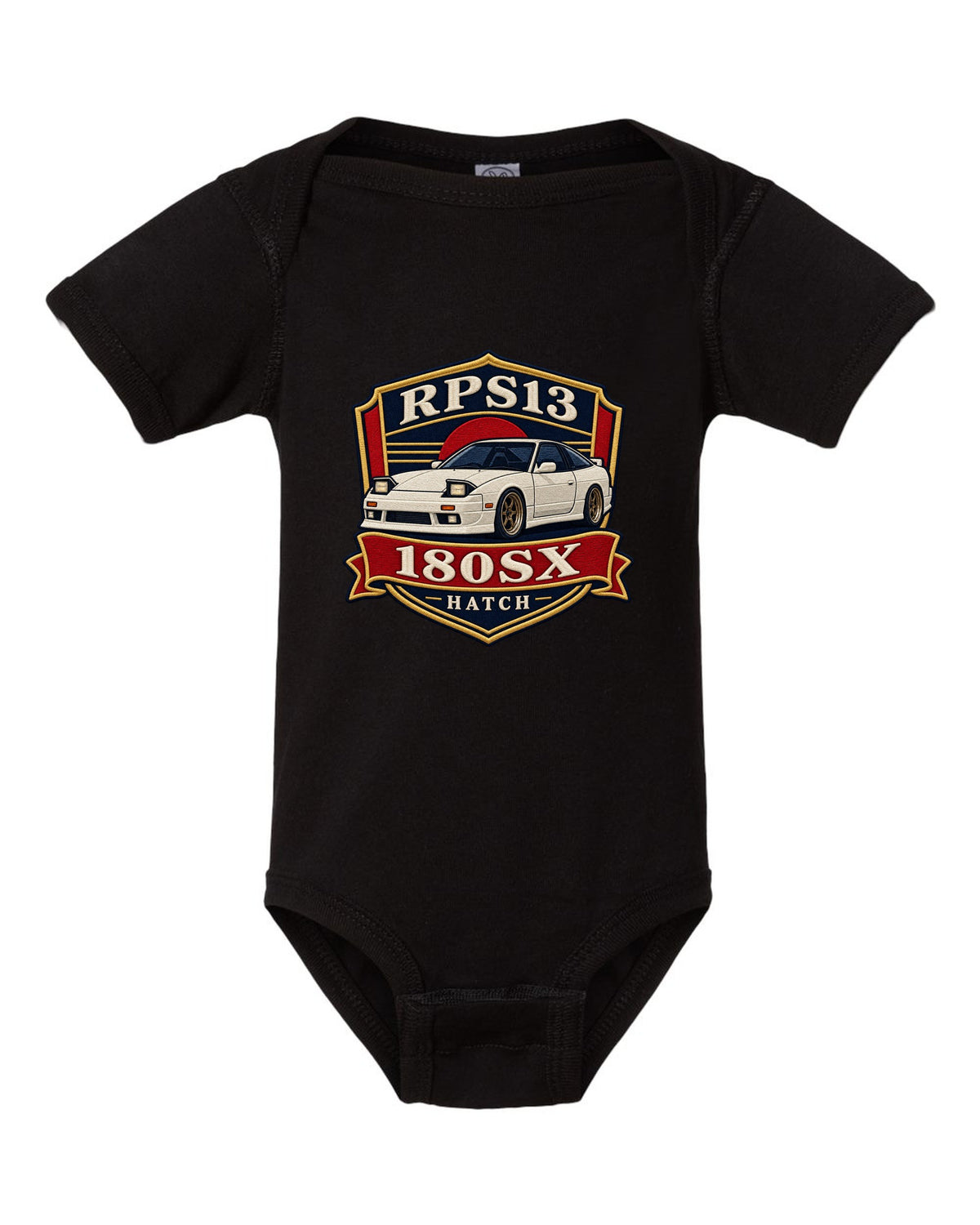 Shield crest print for the Nissan 180SX RPS13 chback black baby onesie front view with the design
