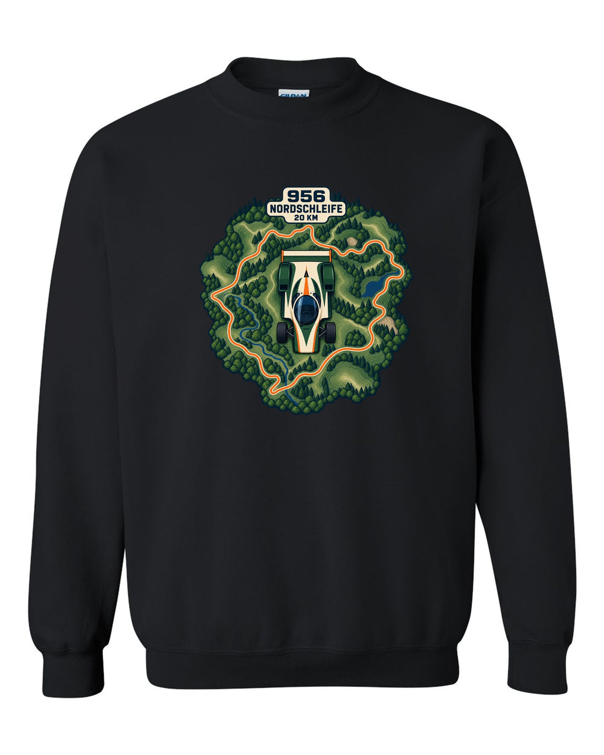 Topographic route map of the Nordschleife with Porsche 956 lettering black crewneck front view with the design