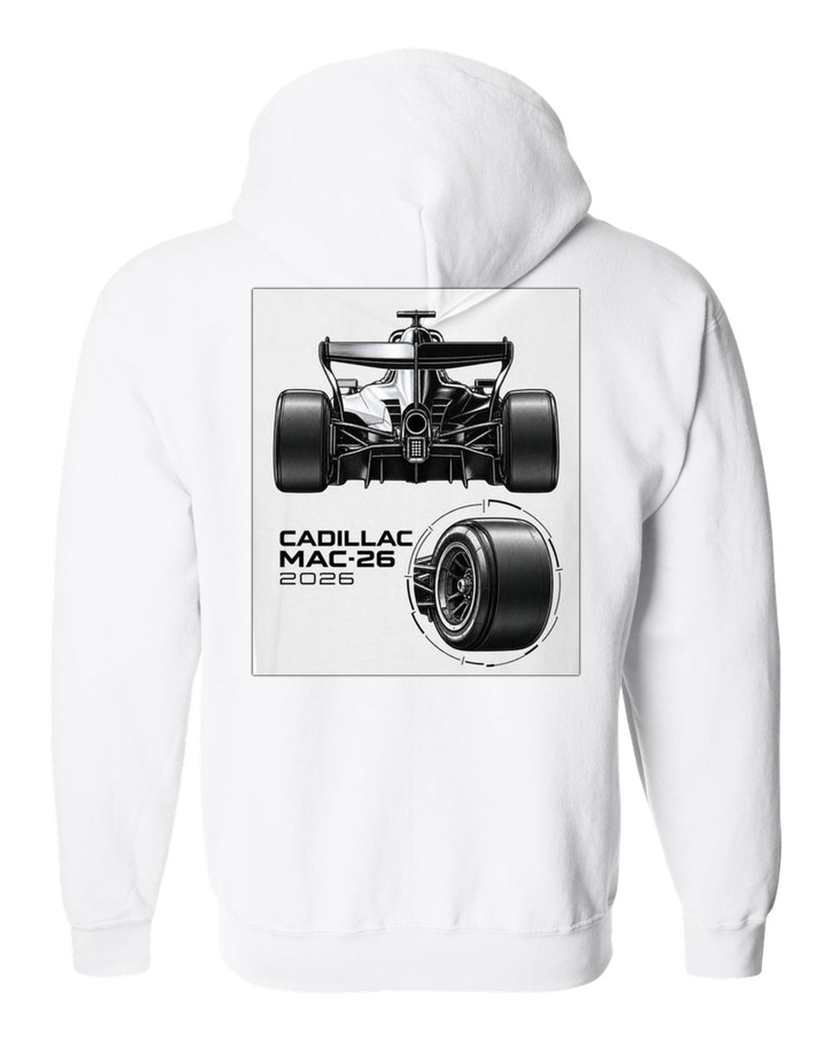 Cadillac MAC-26 2026 F1 car technical poster artwork white zip hoodie back view with the design