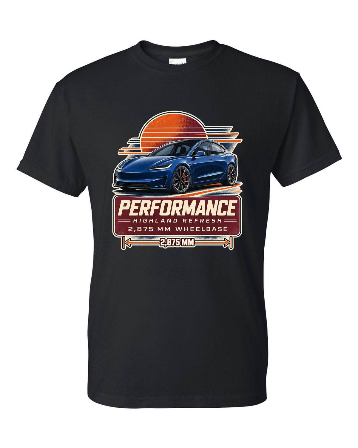 Spec poster print of a Tesla Model 3 Performance Highland refresh black t-shirt front view with the design