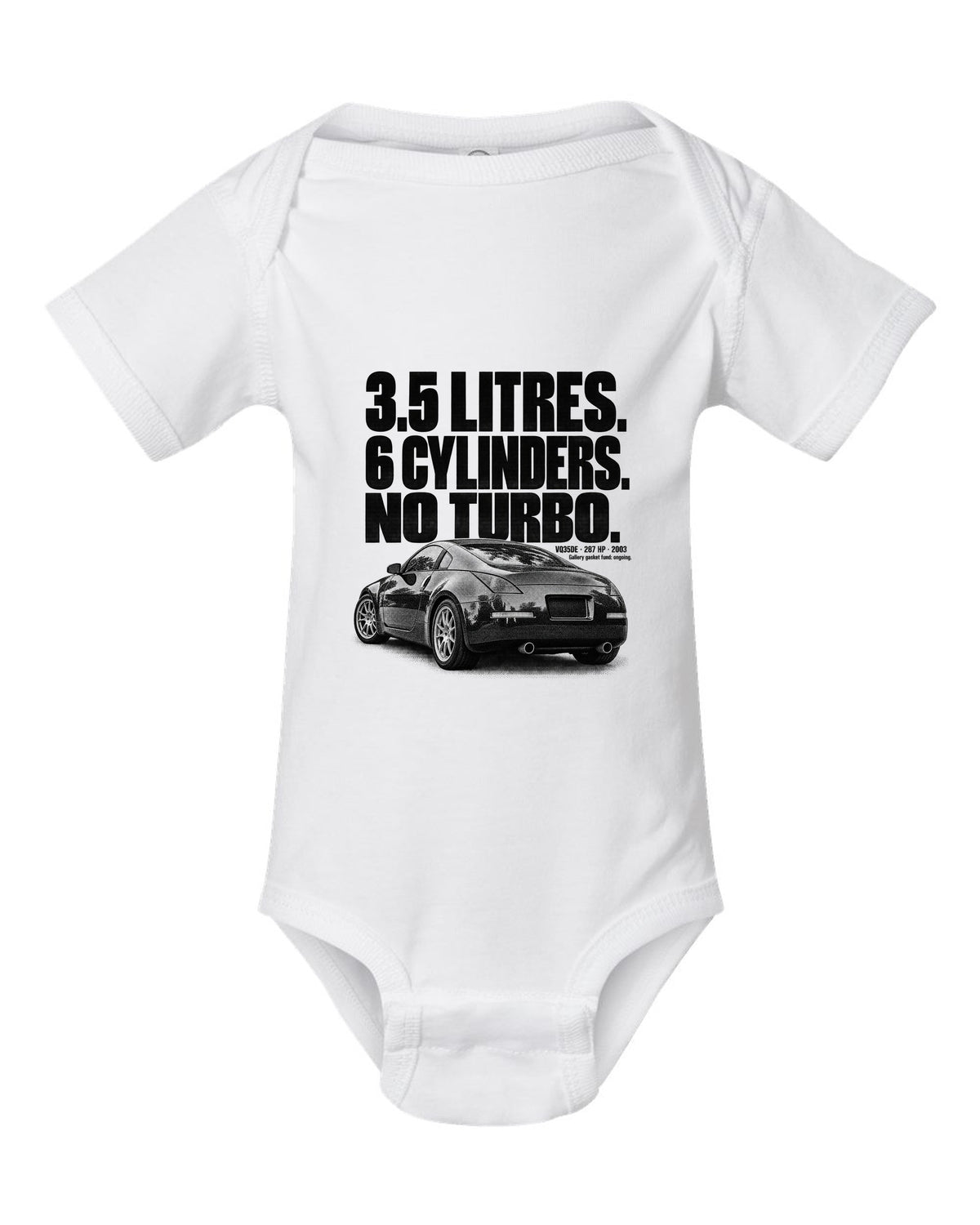 Halftone print of a Nissan 350Z Z33 rear three-quarter with VQ35DE 287 HP text white baby onesie front view with the design
