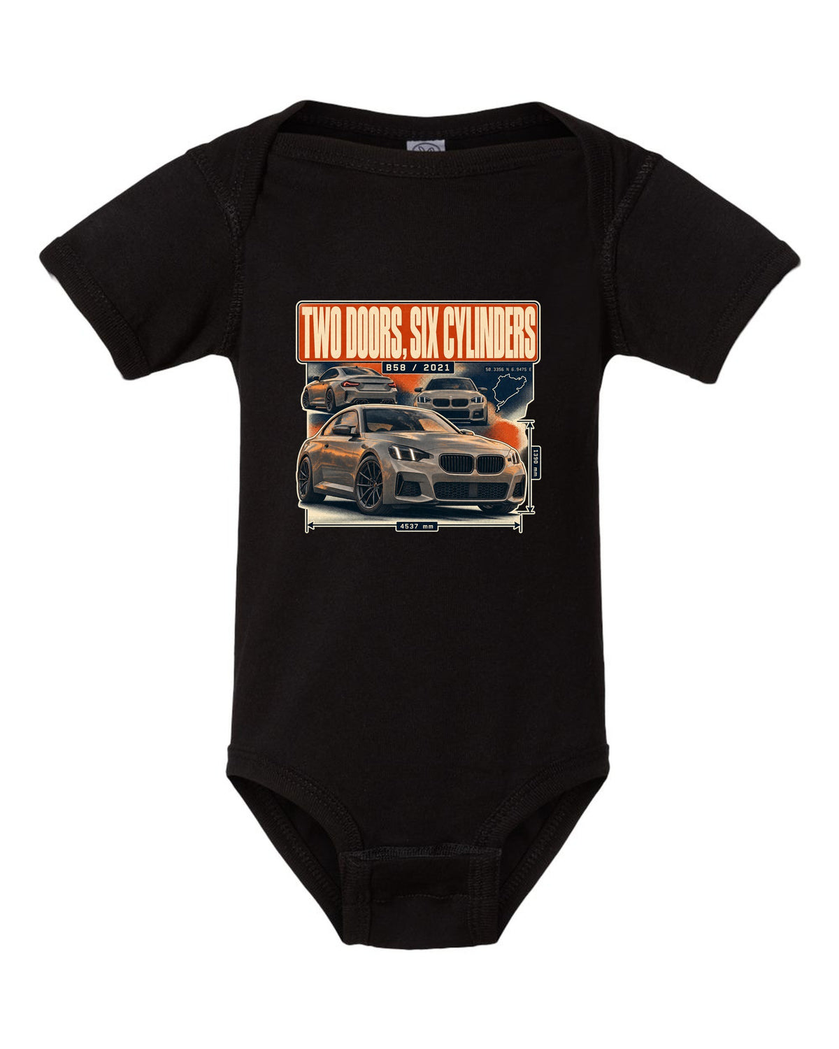 BMW M240i G42 coupe magazine-style editorial headline print black baby onesie front view with the design