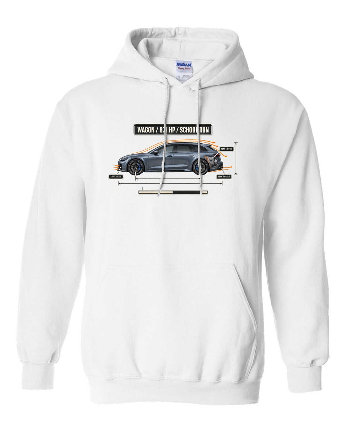 Mercedes-AMG C63 S E Performance S206 estate aero callout diagram white pull over hoodie front view with the design
