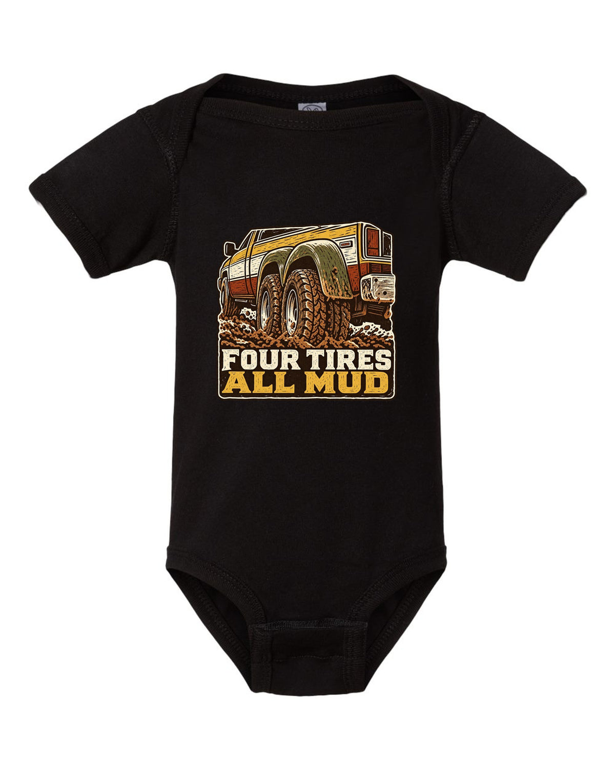 Linocut print of a 1994-1998 Dodge Ram 2nd gen dually in mud with four tires all mud text black baby onesie front view with the design