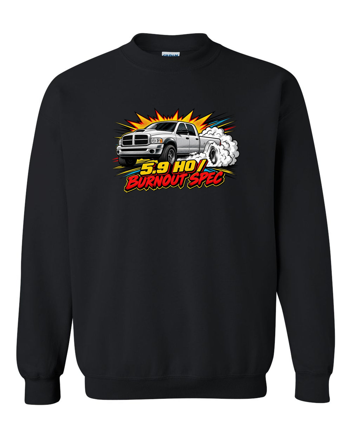 Comic halftone pop-art of a 2003-2009 Dodge Ram 3rd gen 5.9 HO with the words Burnout Spec black crewneck front view with the design