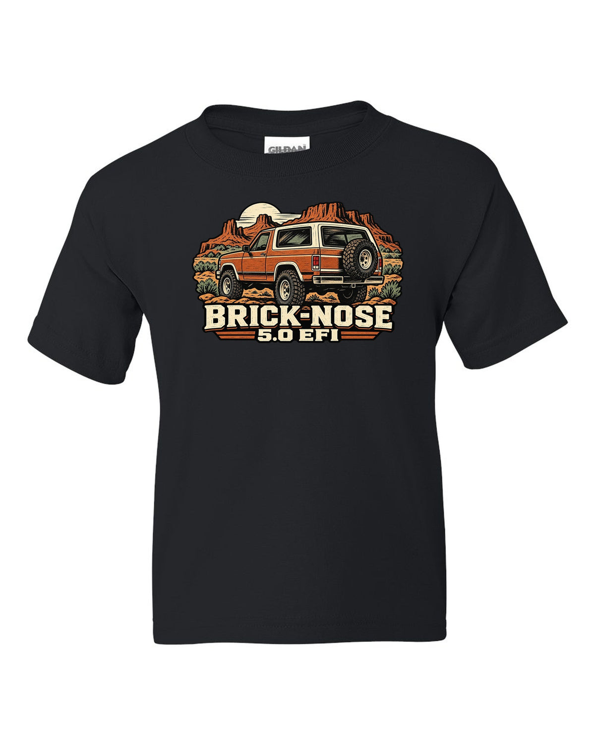 Ford Bronco Brick-Nose 1987-1991 rear in a linocut woodcut print black kids tee front view with the design