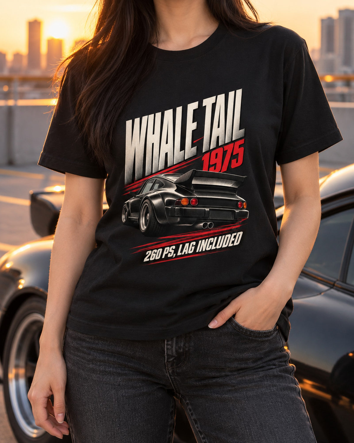Porsche 911 Turbo 3.0 930 Whale Tail Race Poster Shirt T-Shirt Black worn hero