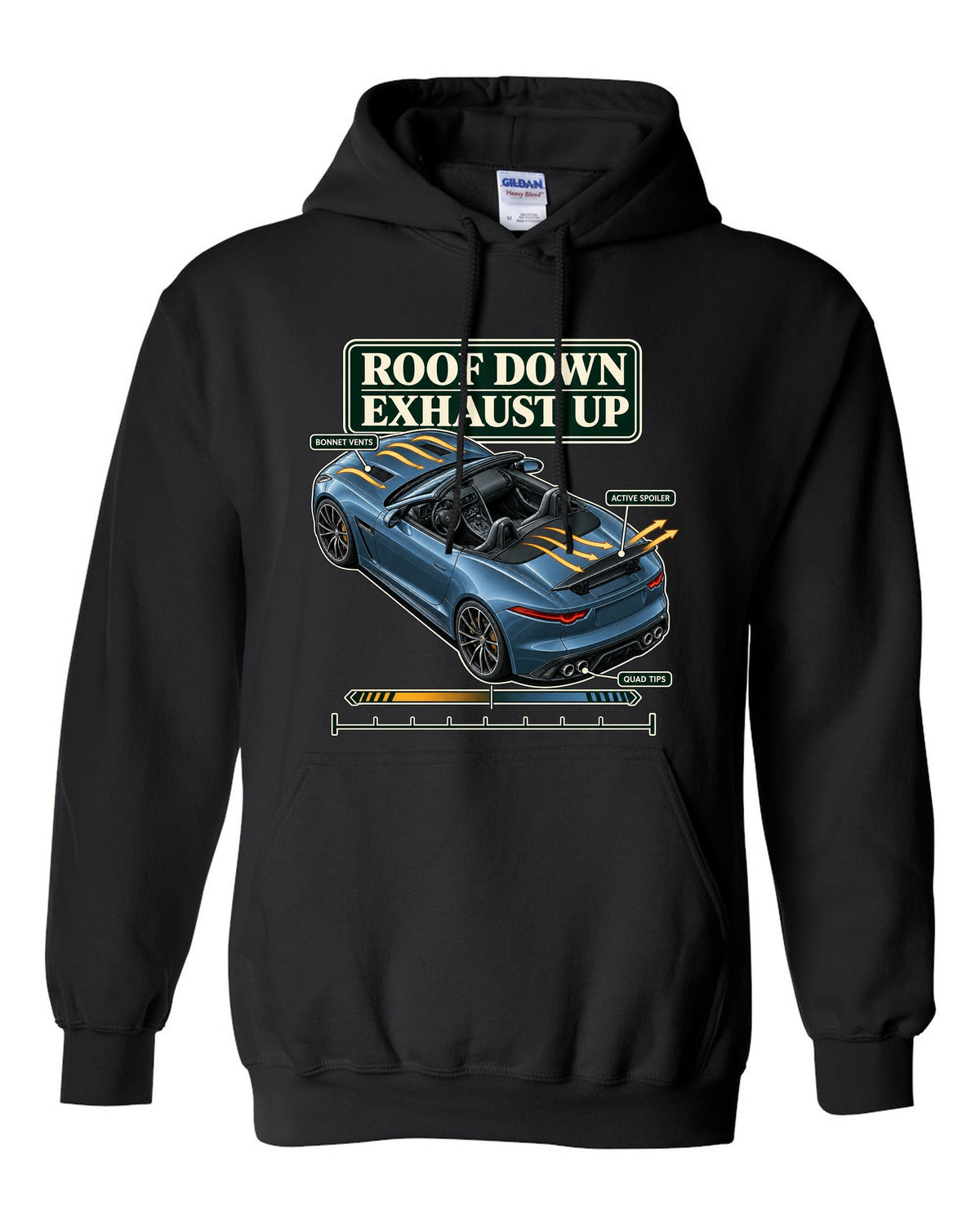 Aero cutaway callout print of the Jaguar F-Type R Convertible with roof down exhaust up text black pull over hoodie front view with the design