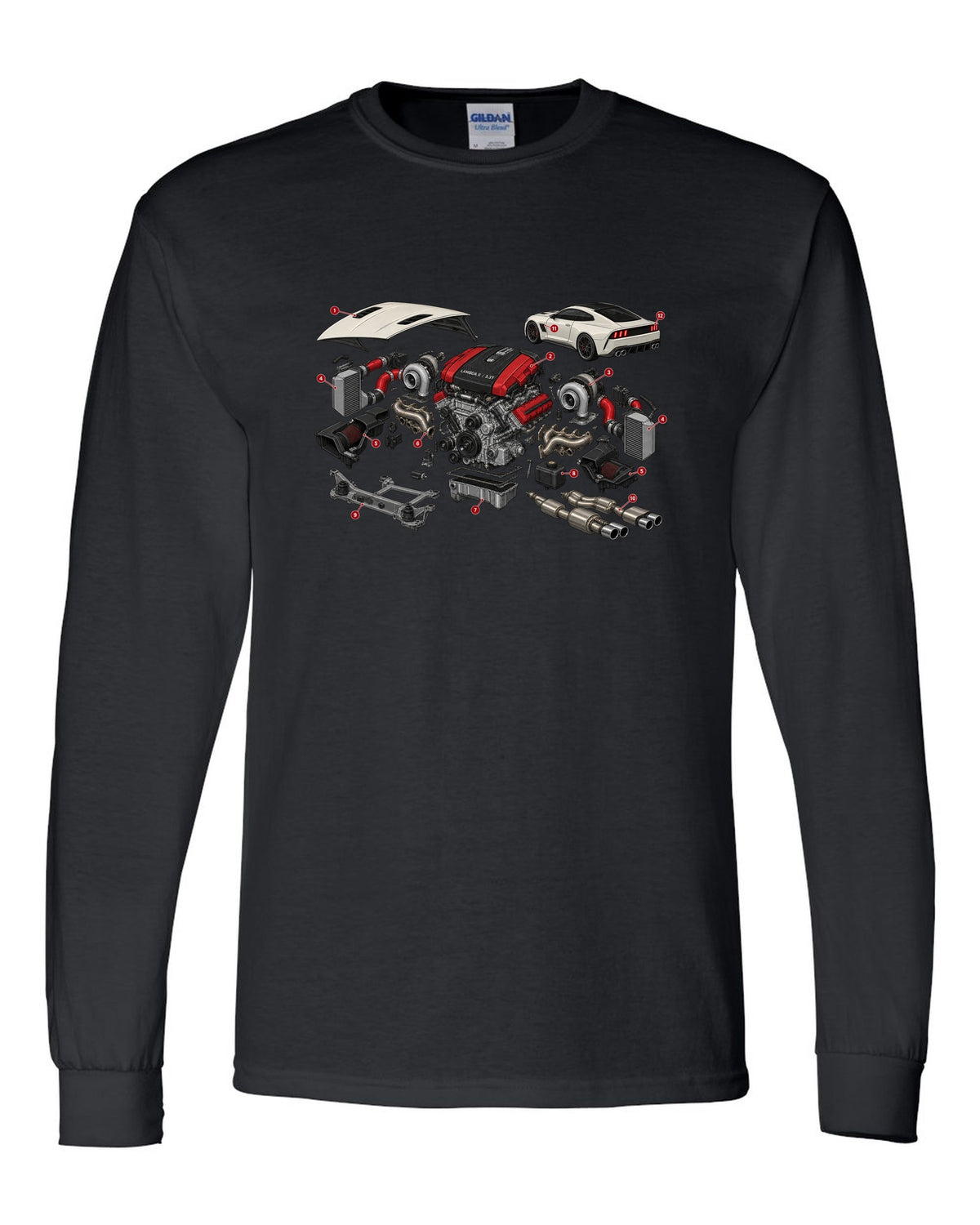 Isometric exploded cutaway print of the Kia Stinger GT CK Lambda II 3.3T engine black long sleeve front view with the design