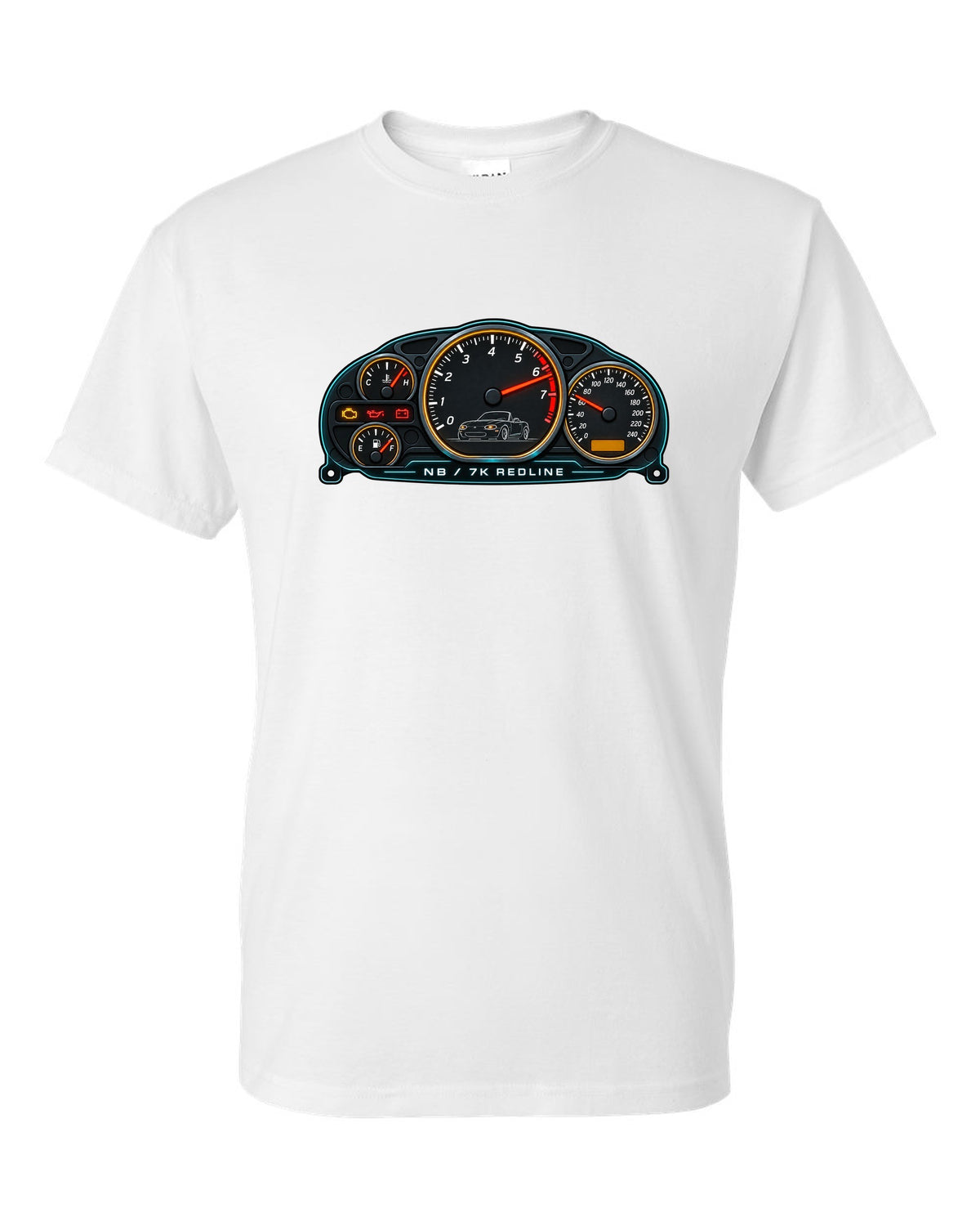Retro Japanese Showa catalogue spread of a Mazda MX-5 NA with wheels and soft top text white t-shirt front view with the design